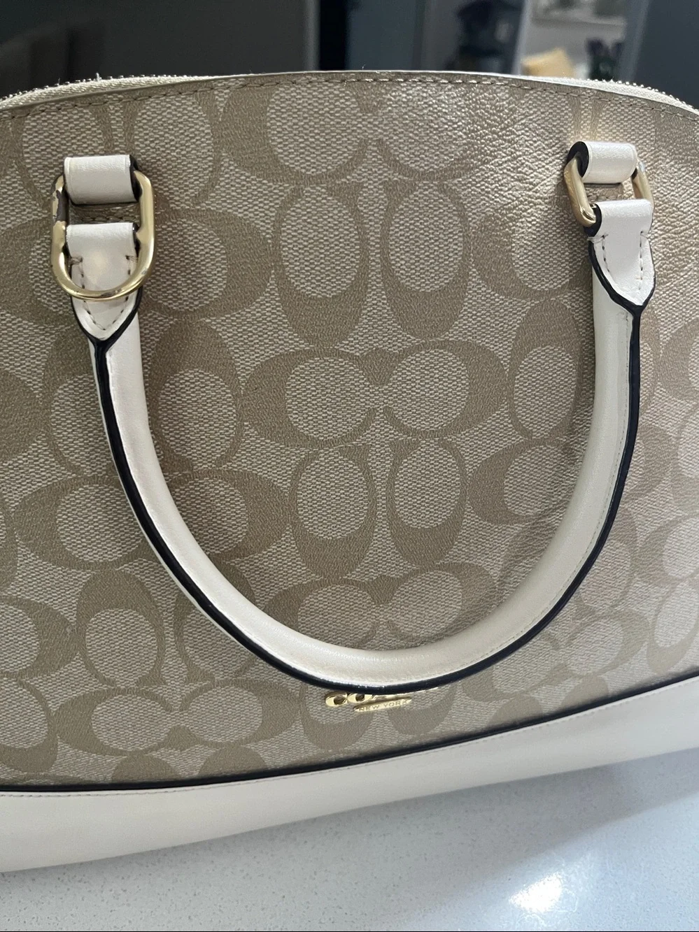 Coach Sierra Satchel In Signature Handbag Crossbody Beige & Khaki gold hardware